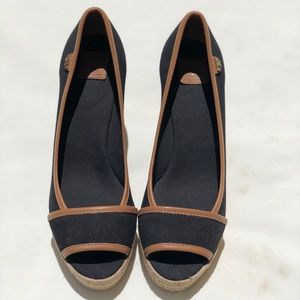 Majorca Peep-Toe Canvas Wedge, Black/Tan